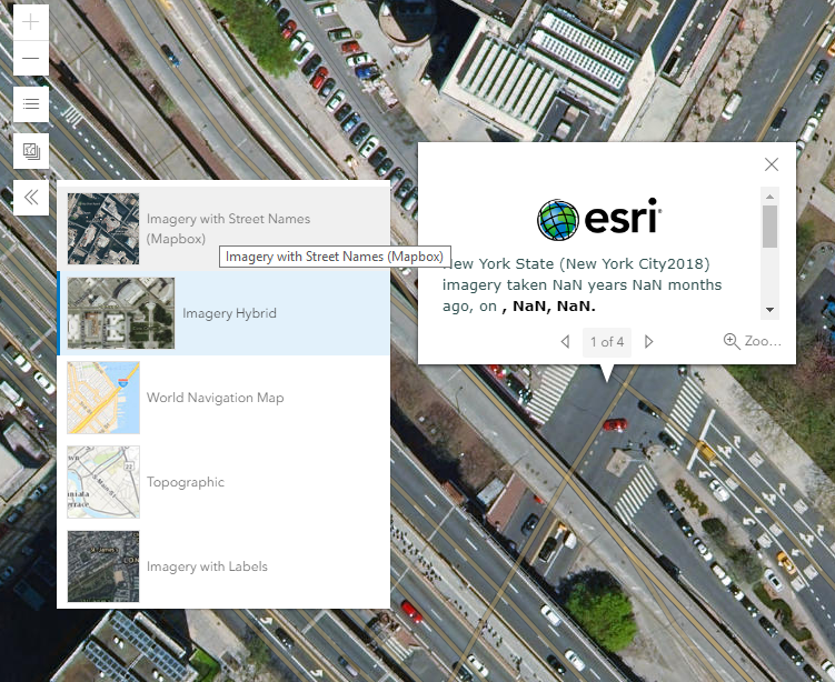 basemap gallery with rectangular thumbnail next to square thumbnails, and esri basemap popup reading "New York State (New York City2018) imagery taken NaN years NaN months ago, on , NaN, NaN. "